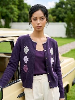 Women's Purple Argyle Button-Front Cardigan